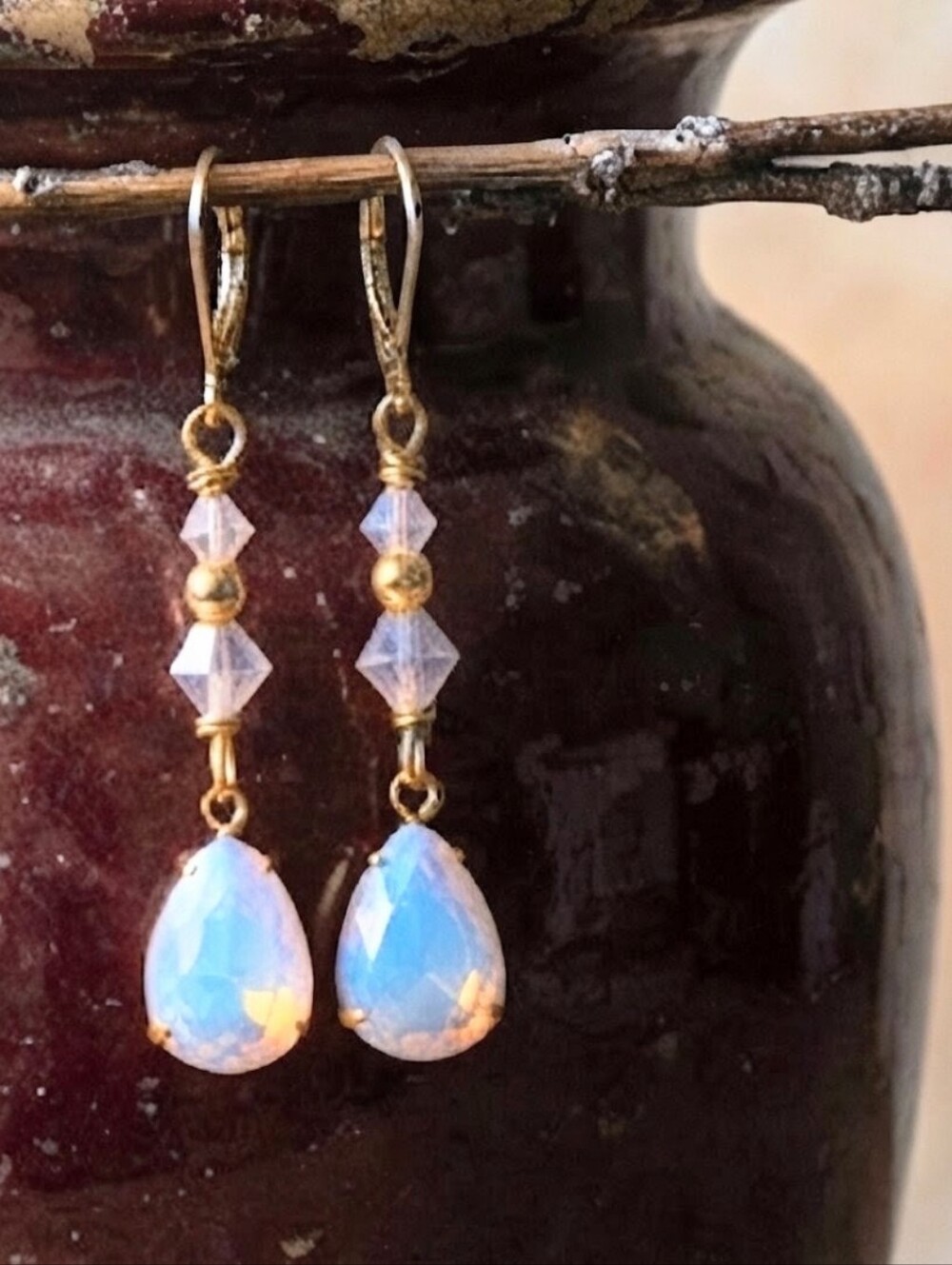 Classic Victorian Pink Rosewater & Pink Opal AB In Drop Gold Plated Earrings
